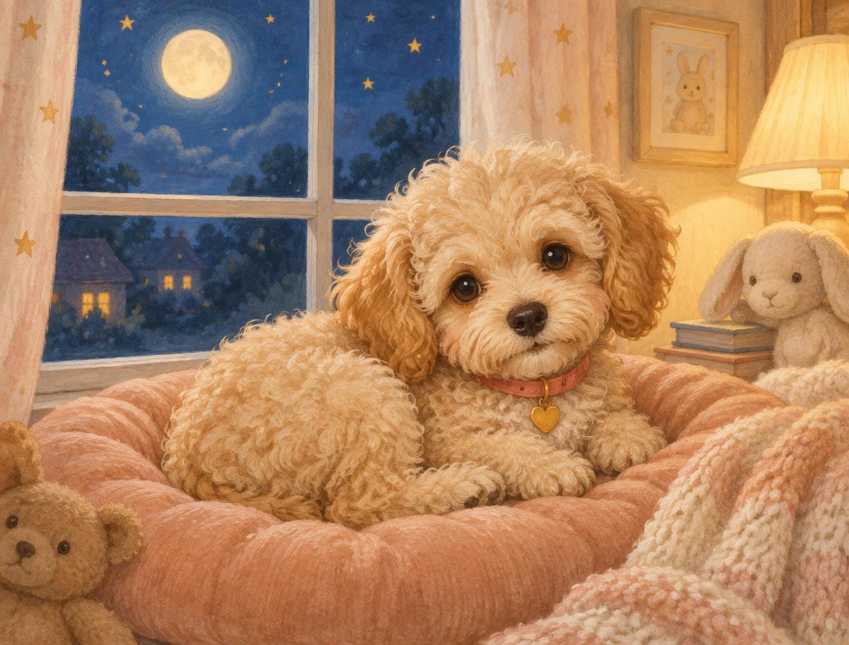 Lily resting beneath the moon in her cosy bed