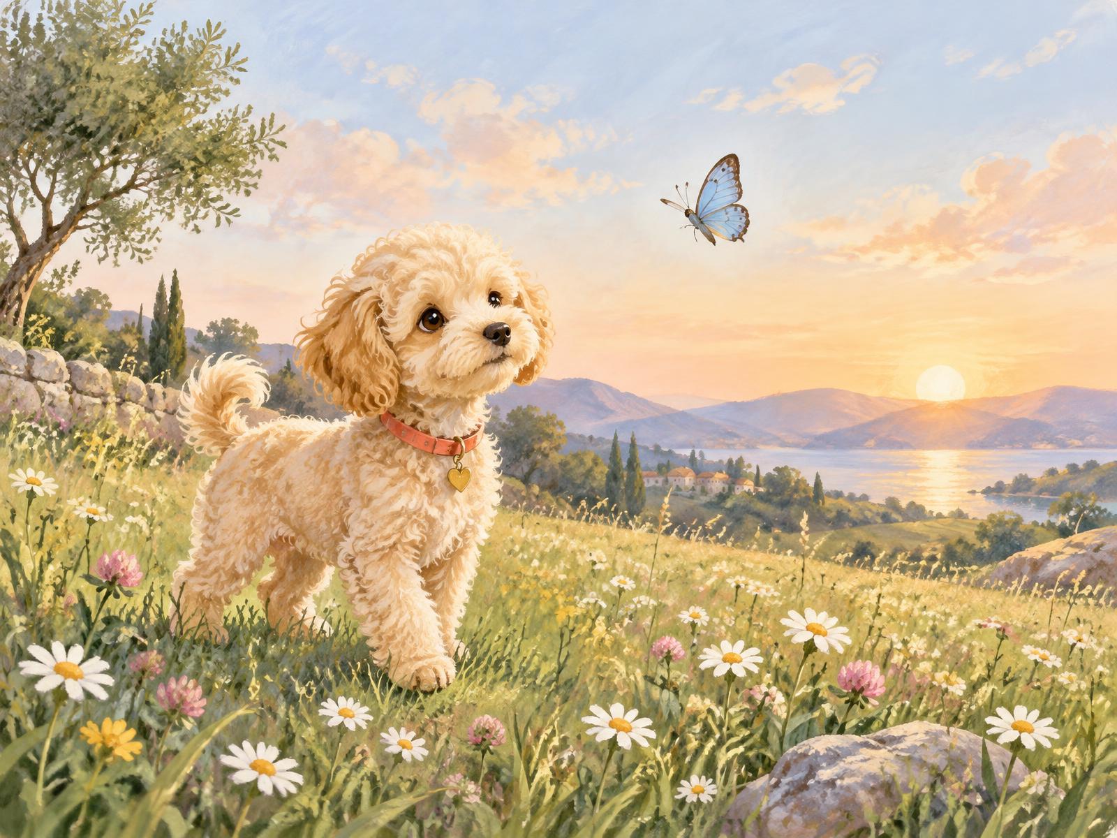 Lily, a fluffy cream puppy, watching a butterfly in a sunlit meadow