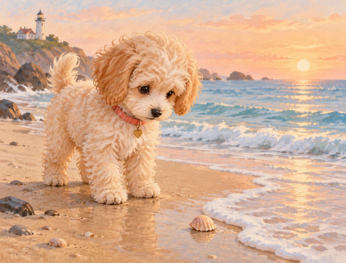 Lily discovering a shell beside the sea